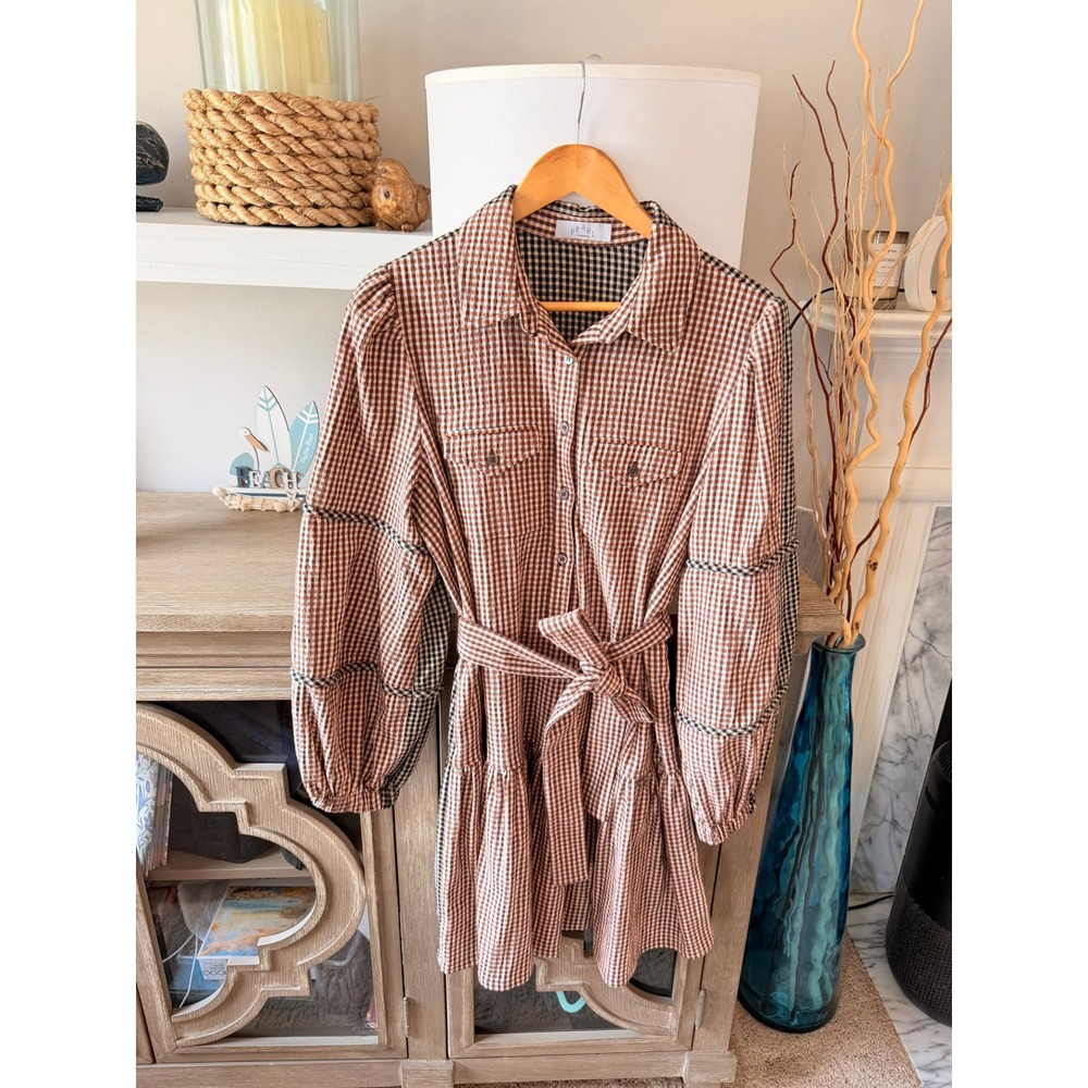Pearl By Lela Rose Checked Seersucker Shirt Dress Womens Brown Size L
